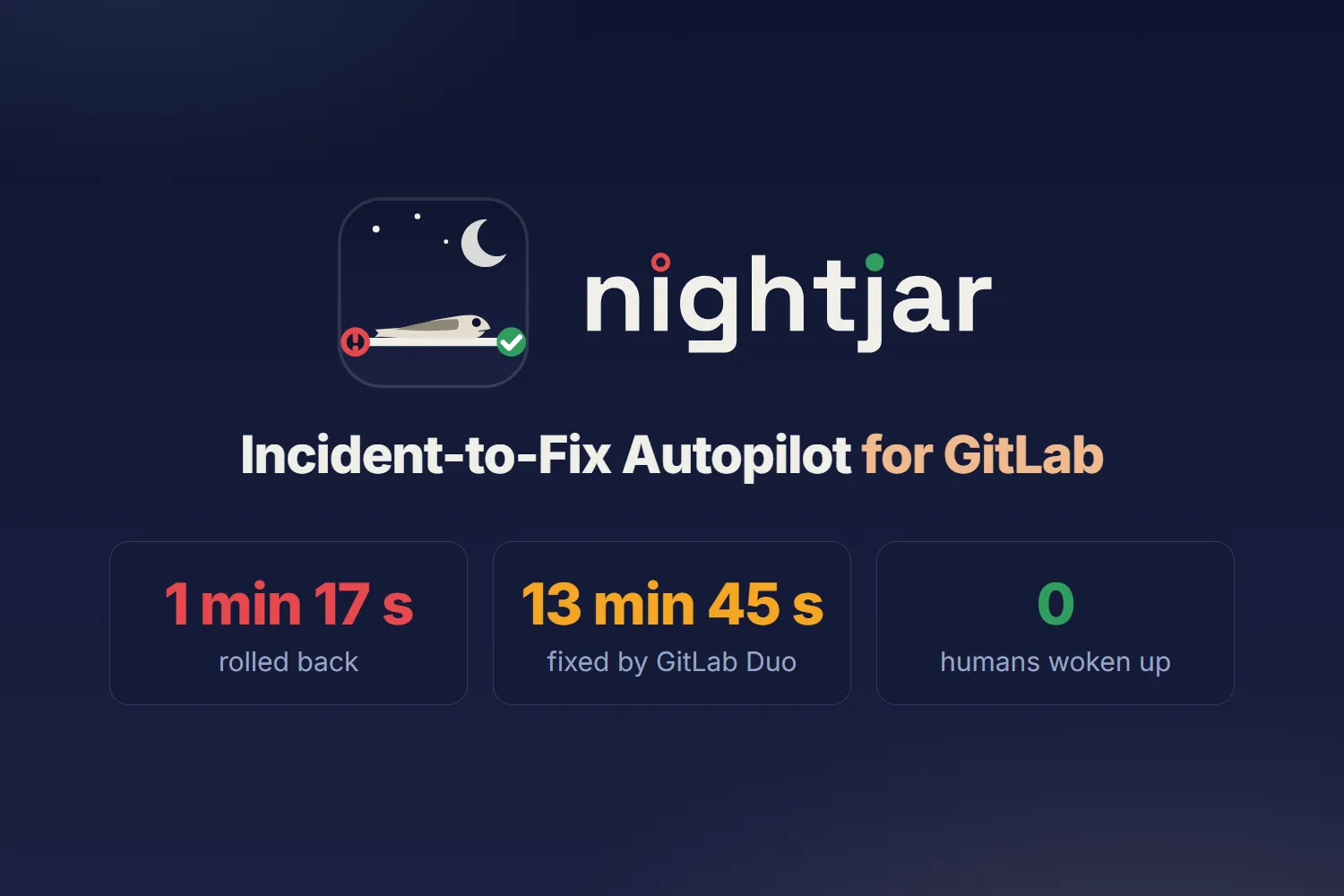 Nightjar: Incident-to-Fix Autopilot for GitLab. Rolled back in 1 min 17 s, fixed by GitLab Duo in 13 min 45 s, humans woken up: 0.
